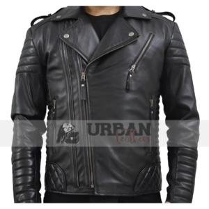 Men's quilted leather biker jacket with zipper detail.