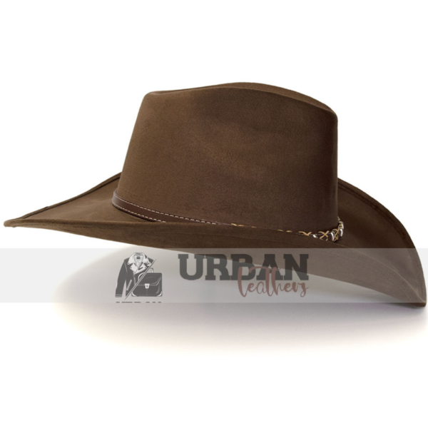 Brown suede Western cowboy hat with a braided chain