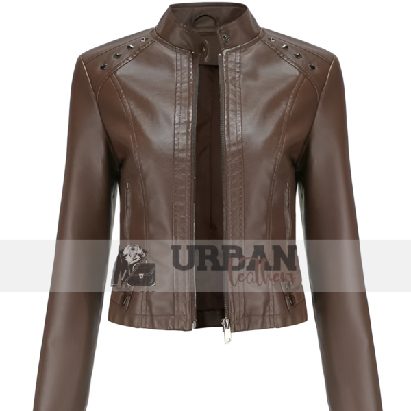 Women's classic leather jacket with metallic accents.