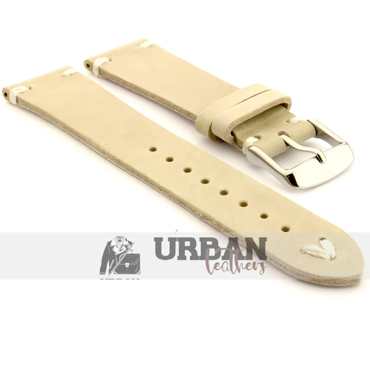 Beige leather watch band with stainless steel buckle, vintage-inspired design