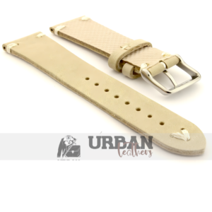 Beige leather watch band with stainless steel buckle, vintage-inspired design