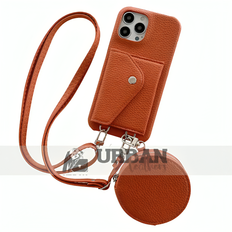 leather crossbody wallet with AirPods pouch.